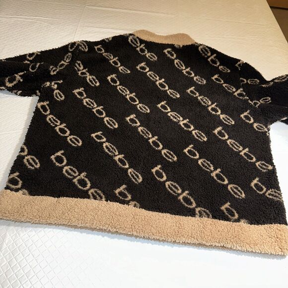 BEBE Brown women sz XL sherpa 1/4 zip sweater sweatshirt‎ top Fuzzy Furry Logo - Picture 7 of 7